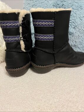 UGG Black Leather Shearling Winter Boots with Purple Trim